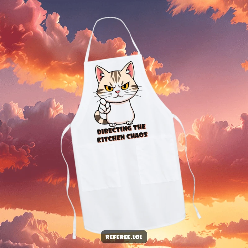 Funny apron with a determined cat, stern yet cute face, dramatically pointing, ideal for kitchen directives.