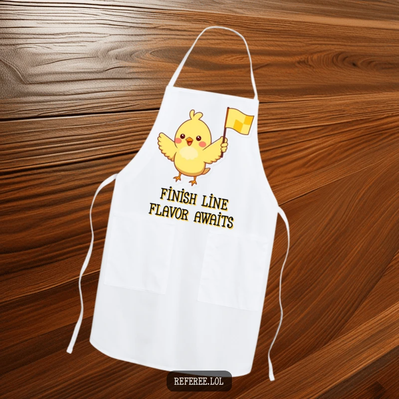 Funny apron with a cheerful bird waving a yellow checkered flag, adding a fun, racing element to kitchen tasks.