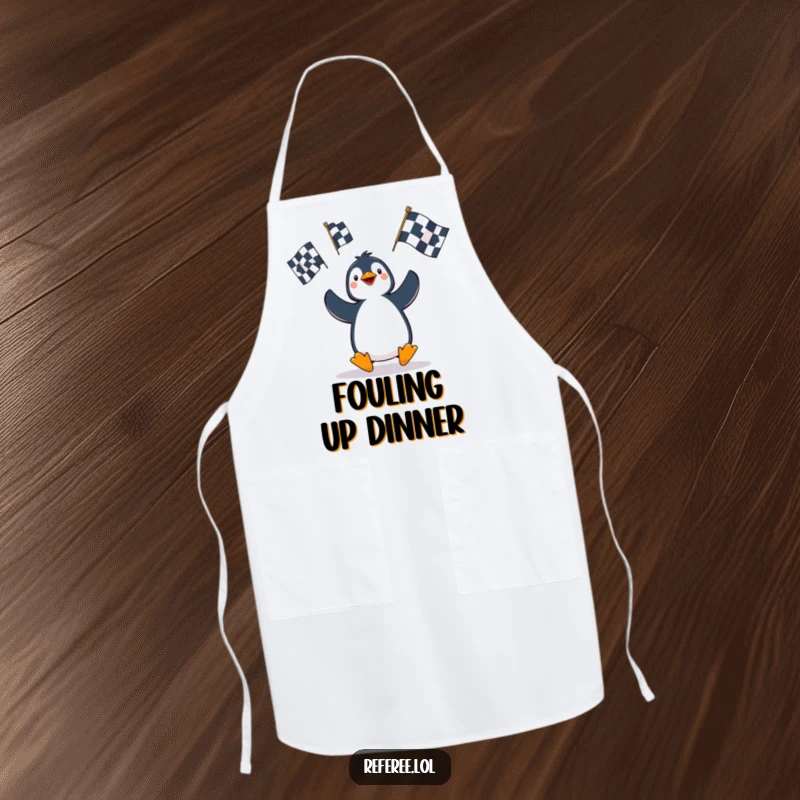 Funny Penguin Apron: A playful penguin juggles penalty flags, bringing a humorous and lighthearted vibe to kitchen duties.
