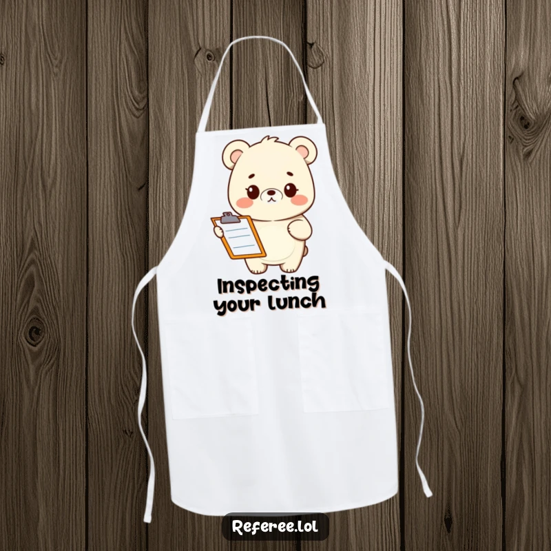Funny apron featuring a smiling bear holding a clipboard with a quizzical look. Perfect for kitchen humor.