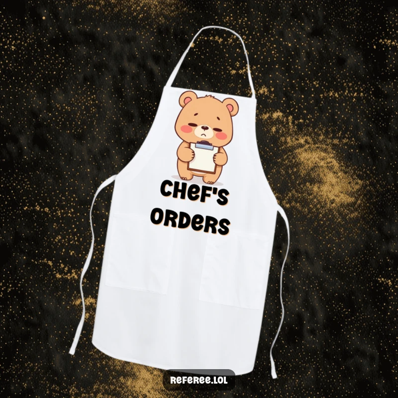 Funny apron with a giggling bear sporting a stern yet cute expression, tapping a tiny clipboard, perfect for the kitchen supervisor who likes things just right.