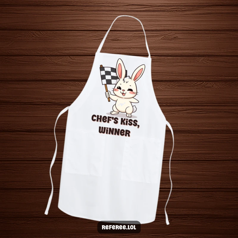 Funny bunny apron showing a determined rabbit waving a checkered flag, ideal for cooking, baking, or grilling.