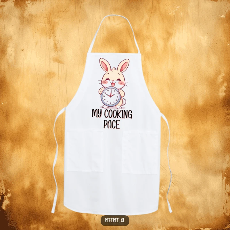 Funny bunny apron with a delighted bunny holding a stopwatch and smiling. Perfect for timely cooking and baking.