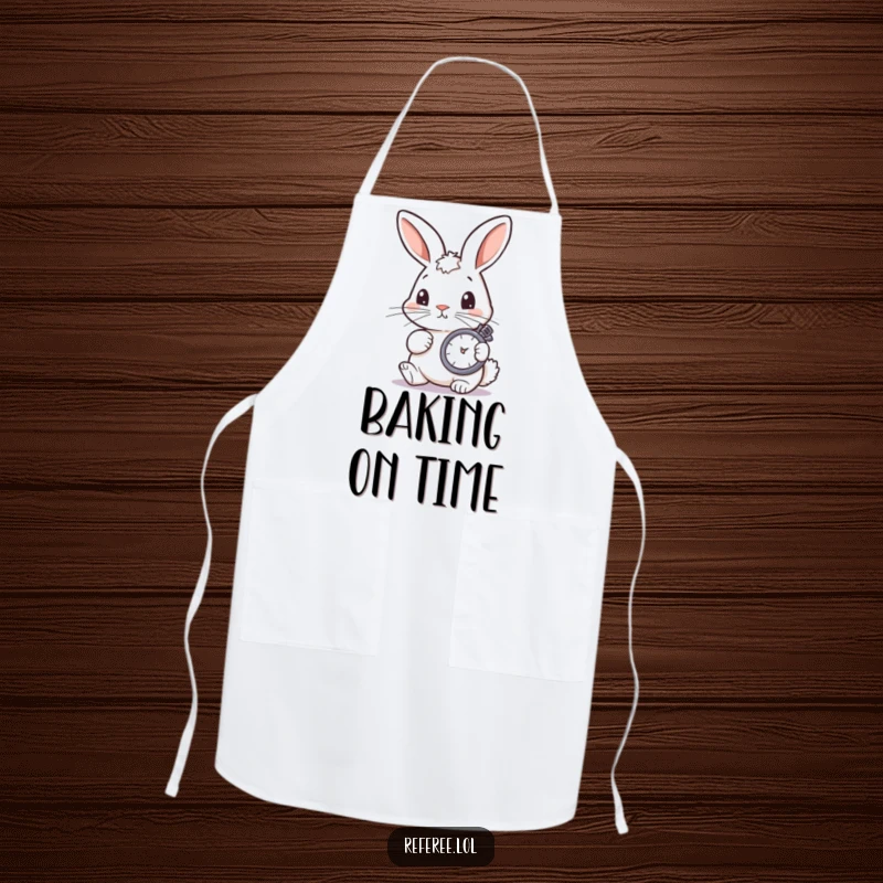 Funny bunny intently checking a stopwatch, ready to create culinary masterpieces, on a funny kitchen apron.