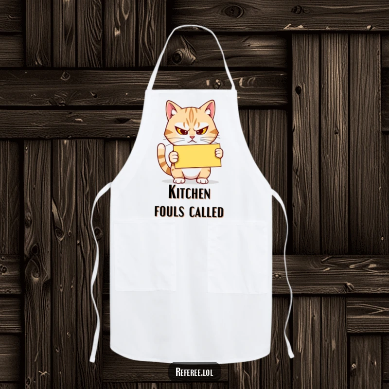 Funny Apron: A determined cat chef squints, holding a yellow card firmly, adding humorous authority to kitchen endeavors.
