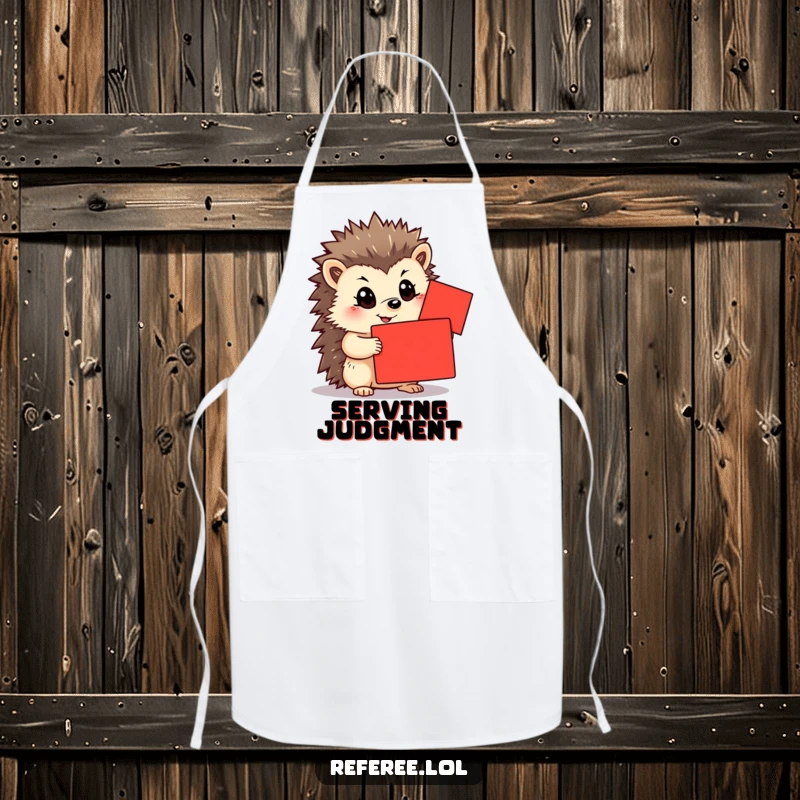 Funny apron with a determined hedgehog holding a bright red card. Perfect kitchen accessory and a great funny gift.