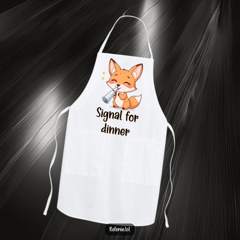 Funny cheerful fox blowing a shiny silver whistle, ready to direct culinary creations, on a funny kitchen apron.