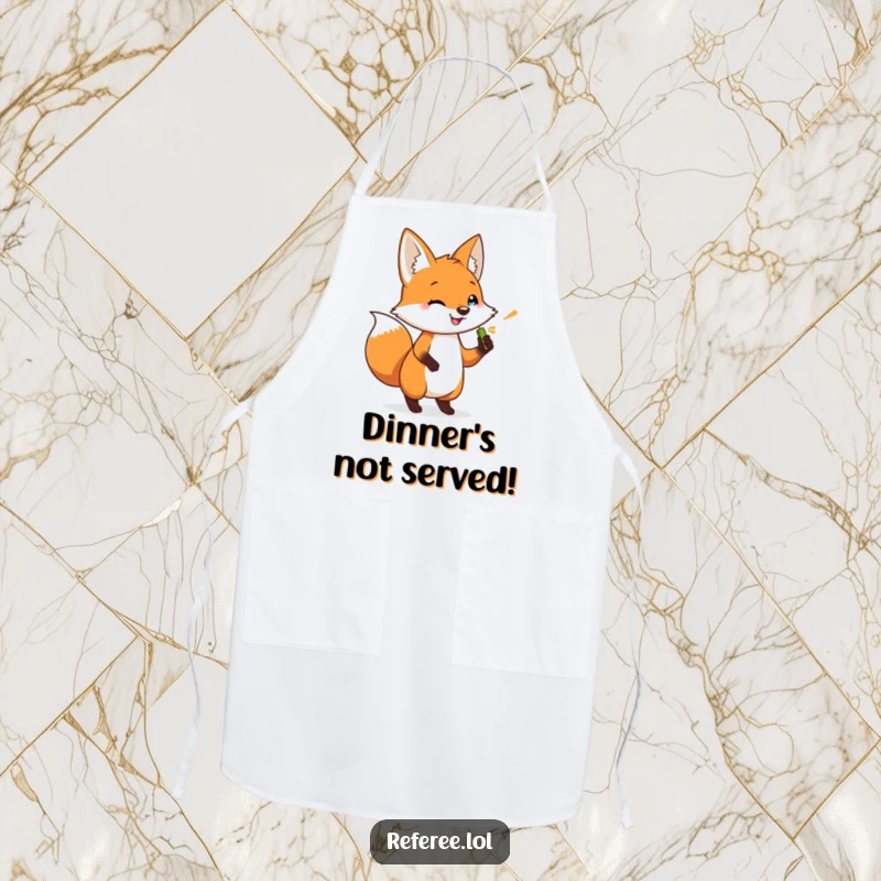 Funny apron with a happy fox tapping its foot and holding a whistle. Perfect for kitchen fun.