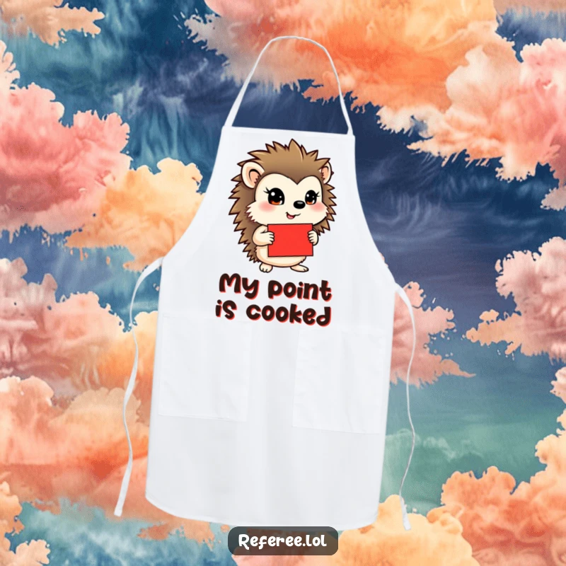Funny apron depicting a determined hedgehog holding a red card, ideal for a witty chef in the kitchen.