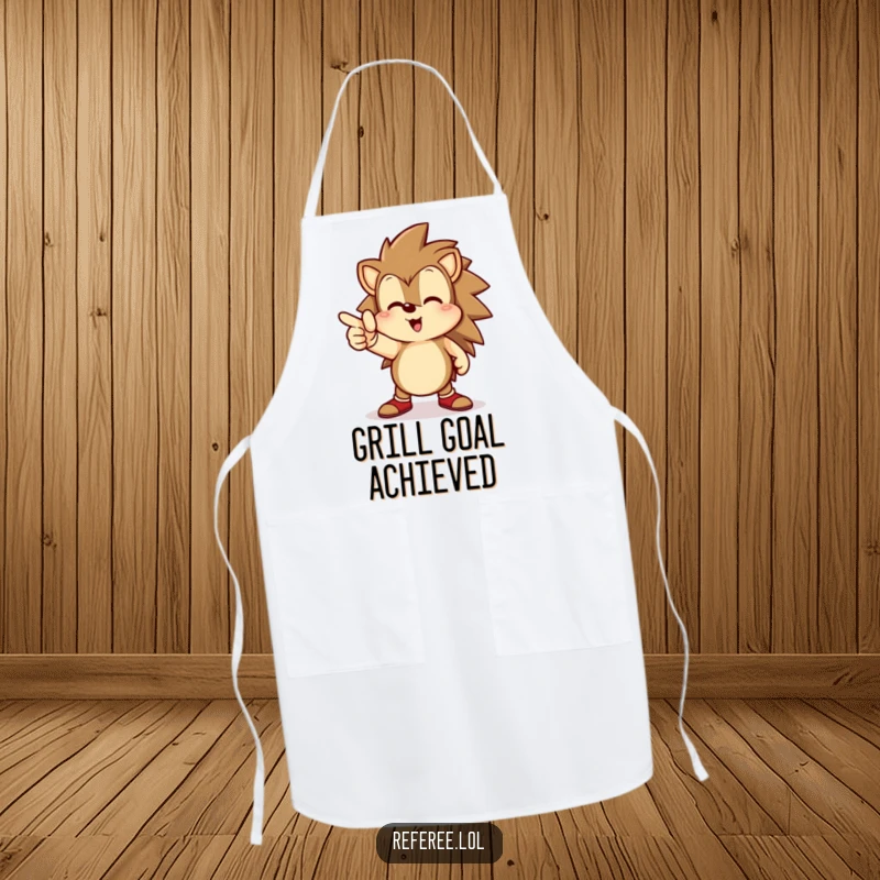 Funny hedgehog apron, determinedly pointing towards a goal line, ready to create delicious masterpieces with flair.