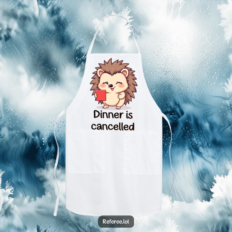 Funny apron with a happy hedgehog winking and showing a red card, a humorous kitchen accessory and a great funny gift.