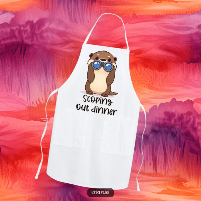 Funny apron showing a curious otter peering through binoculars, a humorous kitchen accessory for the adventurous cook.