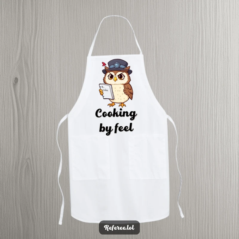 Funny owl chef apron with a confused owl in a fancy hat holding a rulebook upside down, ideal for humorous cooking sessions.