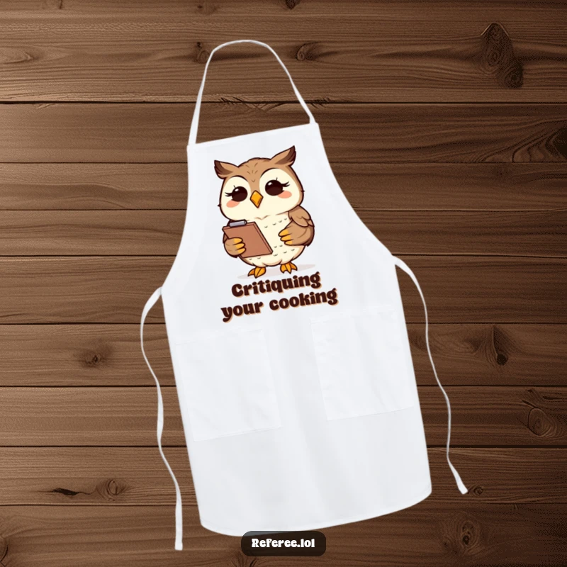 Funny wise owl holding a clipboard, ready to record recipes, on a funny kitchen apron.
