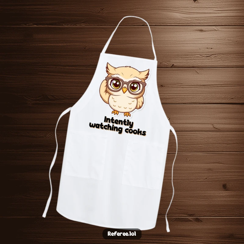 Funny Apron: Curious owl character adjusting oversized glasses, bringing intellectual humor to the kitchen.