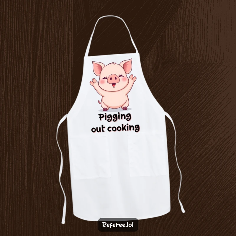 Funny giggling piglet signaling with both paws raised high on an apron, preparing joyful meals humorously.