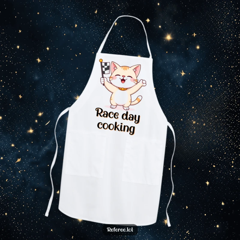 Funny happy cat enthusiastically waving a checkered flag on an apron, ready for kitchen victory.