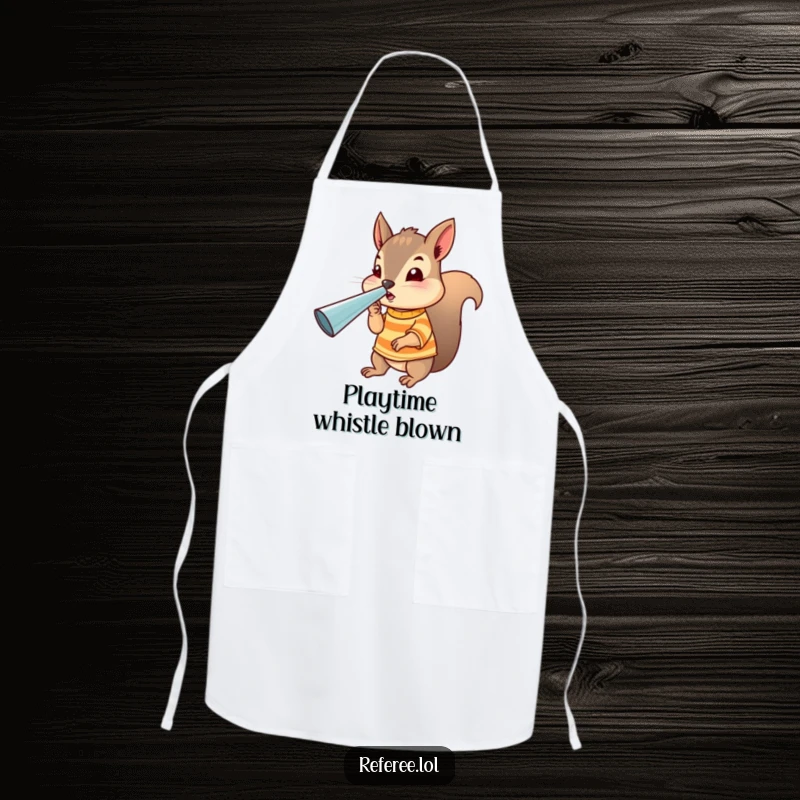 Funny squirrel referee apron with a tiny bird in uniform blowing a giant whistle, ideal for humorous kitchen adventures.