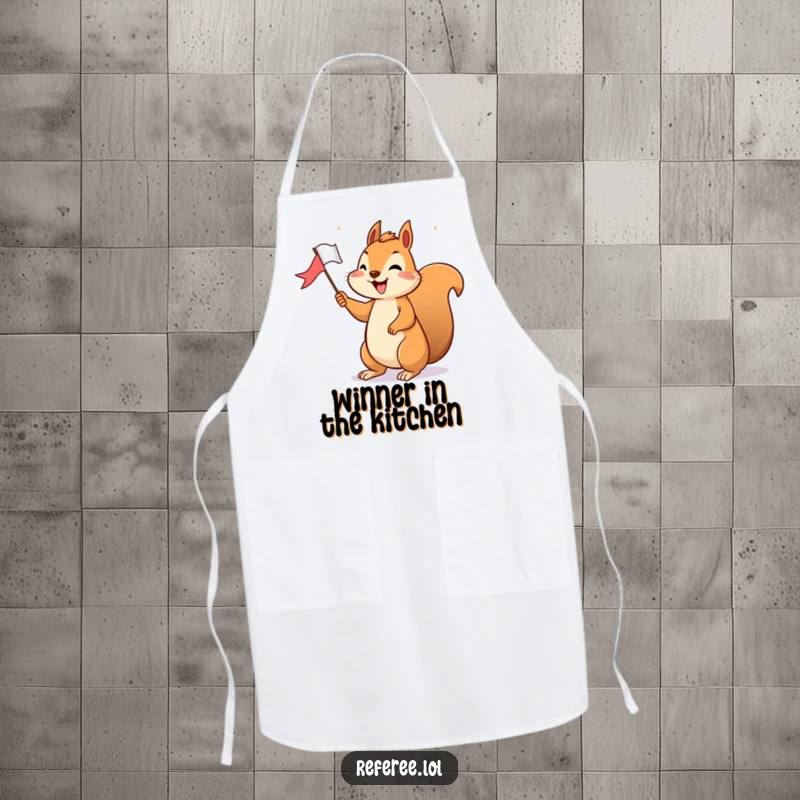 Funny Apron: A cheerful squirrel holds a tiny flag, happily signaling victory, bringing celebratory fun to kitchen activities.