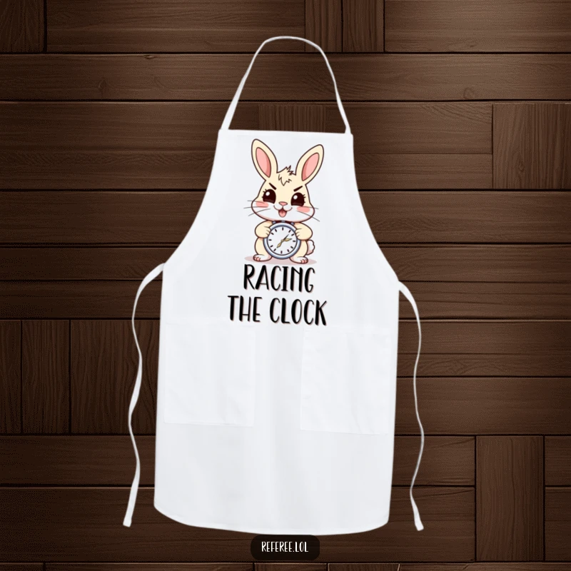 Funny apron with a cheerful, energetic rabbit holding a stopwatch. Perfect kitchen accessory and a great funny gift.