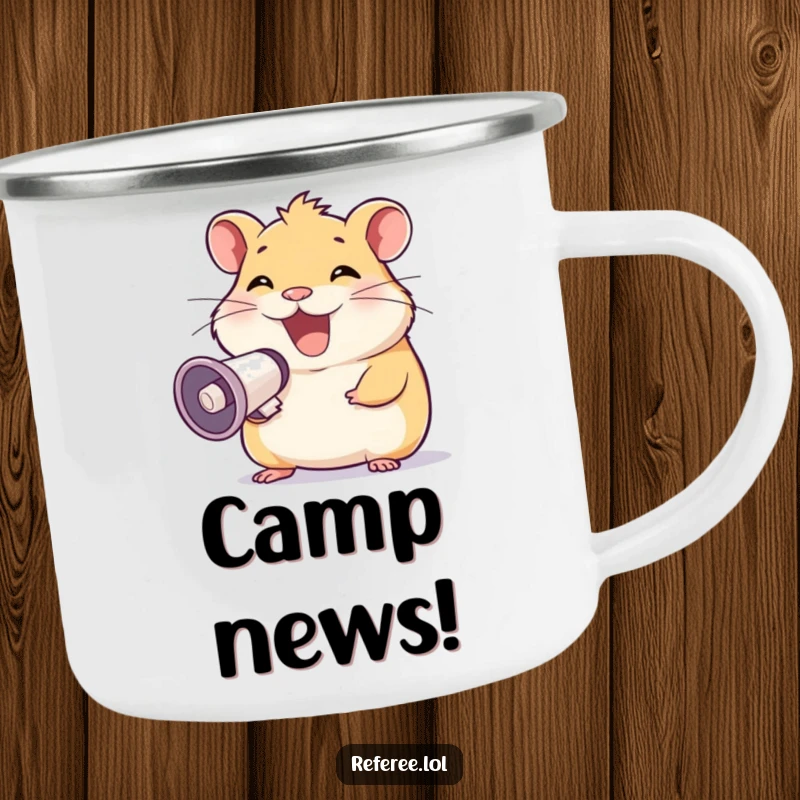 Funny camping mug with a happy hamster grinning and holding a megaphone, perfect for outdoor fun and a funny gift.