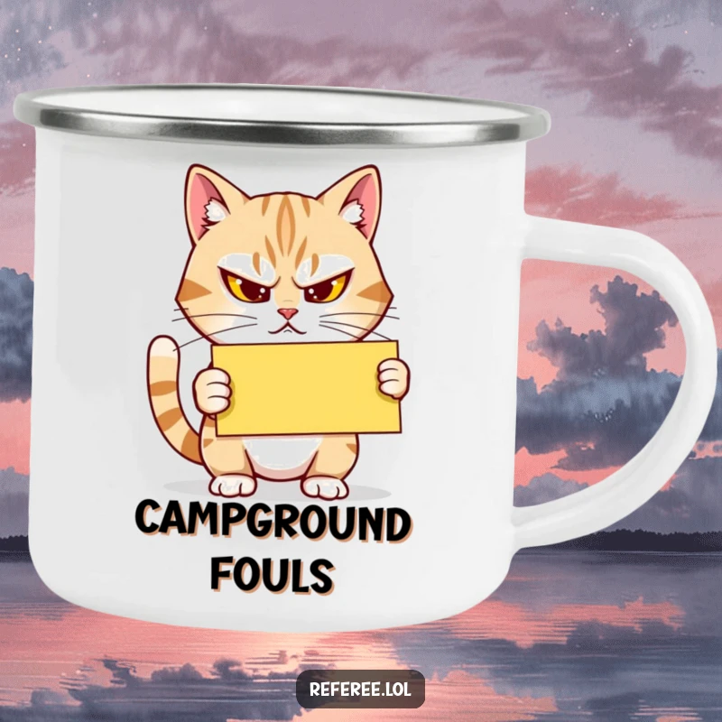 Funny Camping Mug: A determined cat squints, holding a yellow card, ideal for outdoor adventures with humorous, officiating charm.