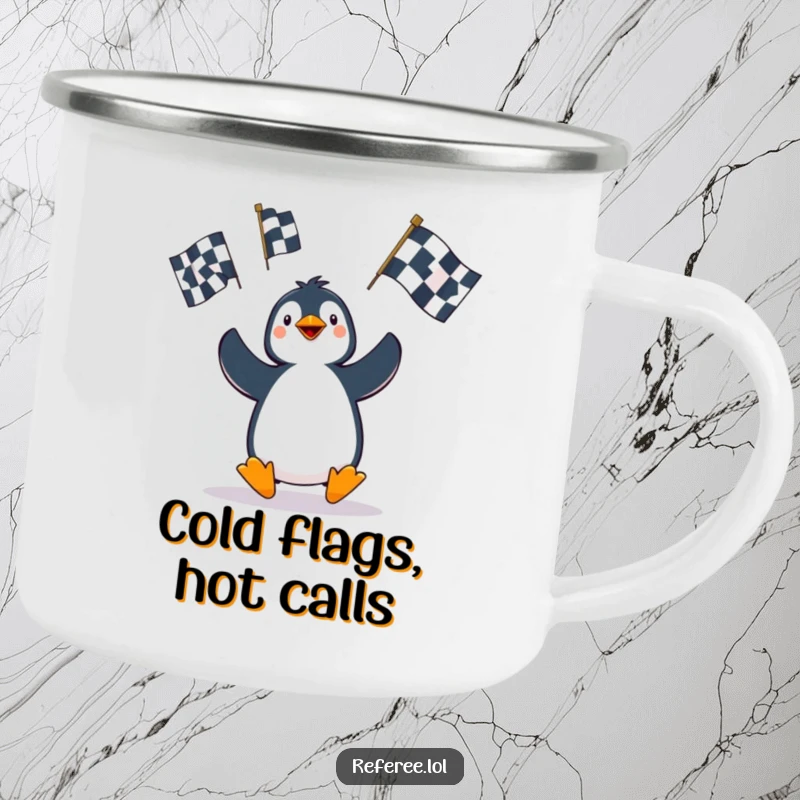 Funny Penguin Camping Mug: A playful penguin character comically juggles penalty flags, ready for any outdoor adventure with a humorous twist.