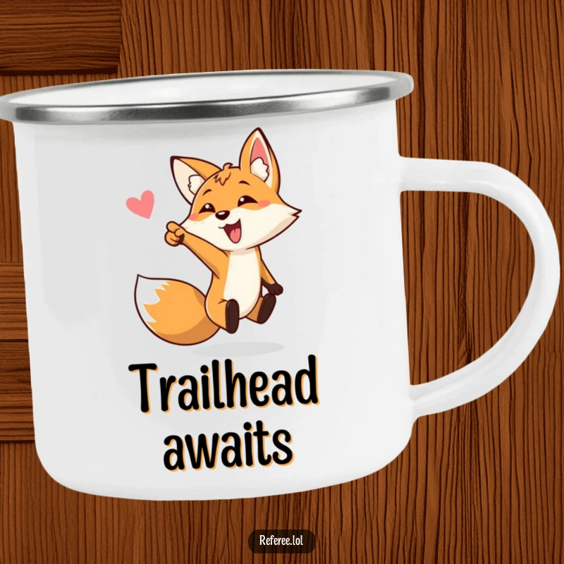 Funny camping mug featuring a bouncing fox enthusiastically pointing towards a goal, perfect for outdoor fun and a funny gift.