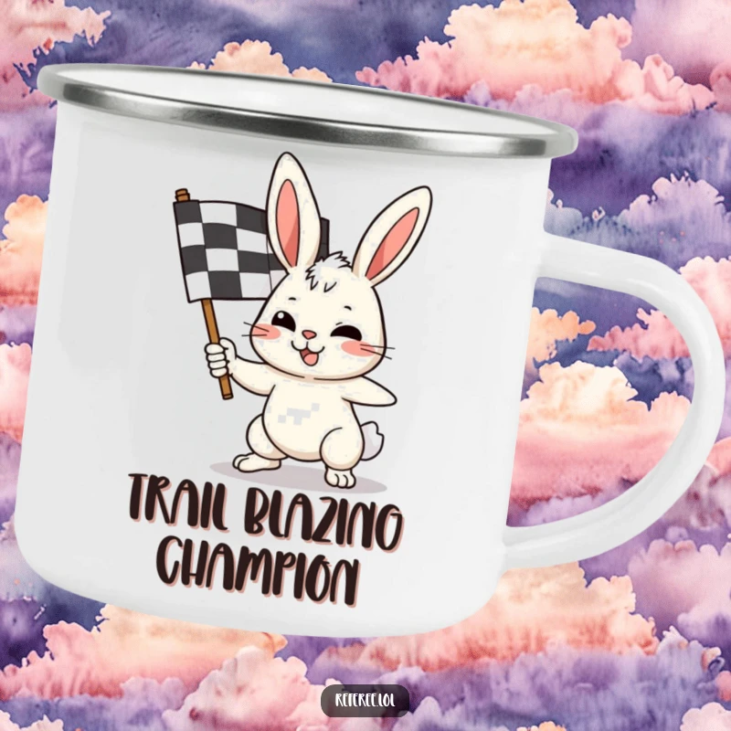 Funny bunny camping mug showing a determined rabbit waving a checkered flag, ready for any outdoor adventure.