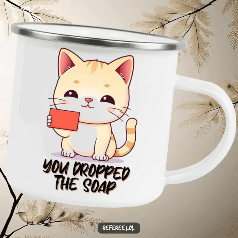 Funny cat red card camping mug with a stern cat holding a tiny red card, perfect for enforcing campsite rules with humor.