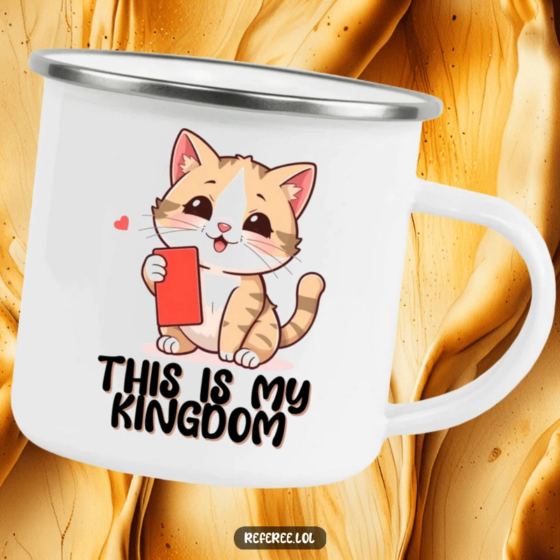 Funny cat camping mug showing a curious kitten swatting a tiny red card, perfect for coffee or tea on the go.