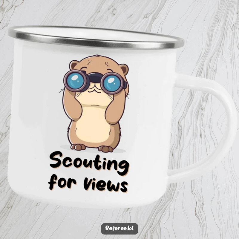 Funny camping mug with a curious otter looking through large binoculars. Perfect for outdoor adventures and a great funny gift.