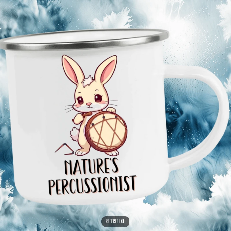 Funny Camping Mug showing a curious bunny with a determined look, drumming, perfect for outdoor music lovers.