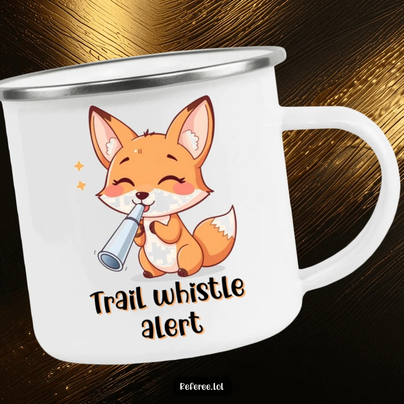 Funny cheerful fox blowing a shiny silver whistle, ready for outdoor fun, on a sturdy funny camping mug.