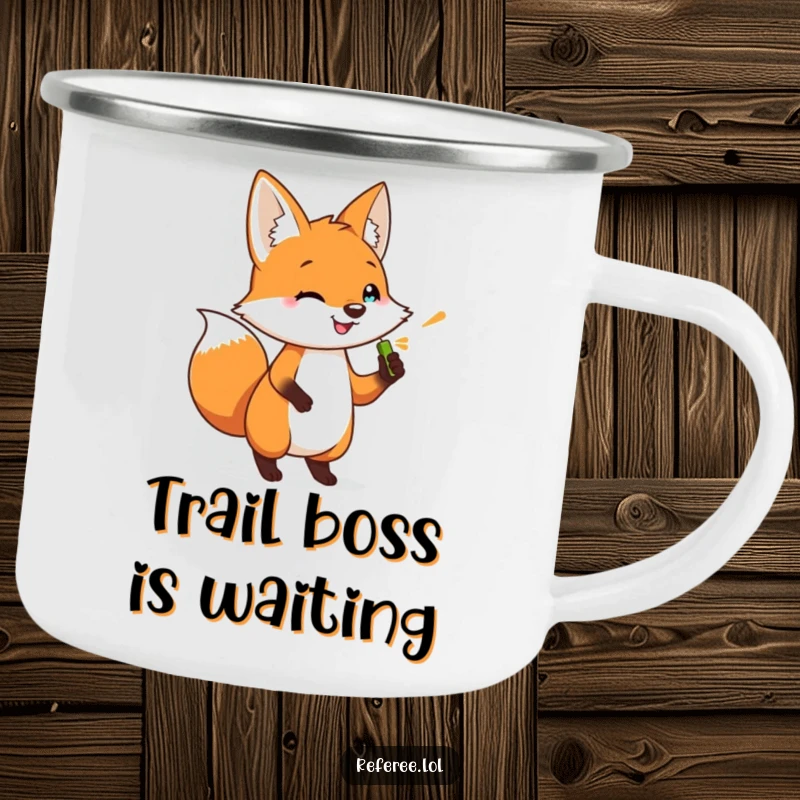 Funny camping mug showing a happy, impatient fox with a whistle. Ideal for outdoor enthusiasts.