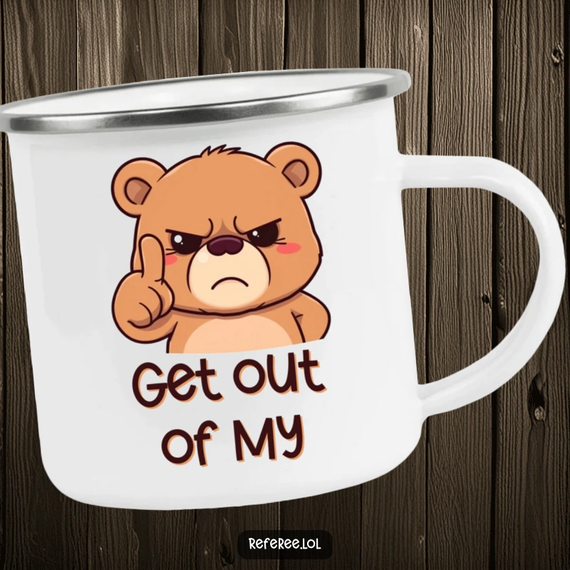 Funny grumpy bear camping mug with a stern bear pointing a finger and a frown, perfect for enforcing campfire rules with humor.