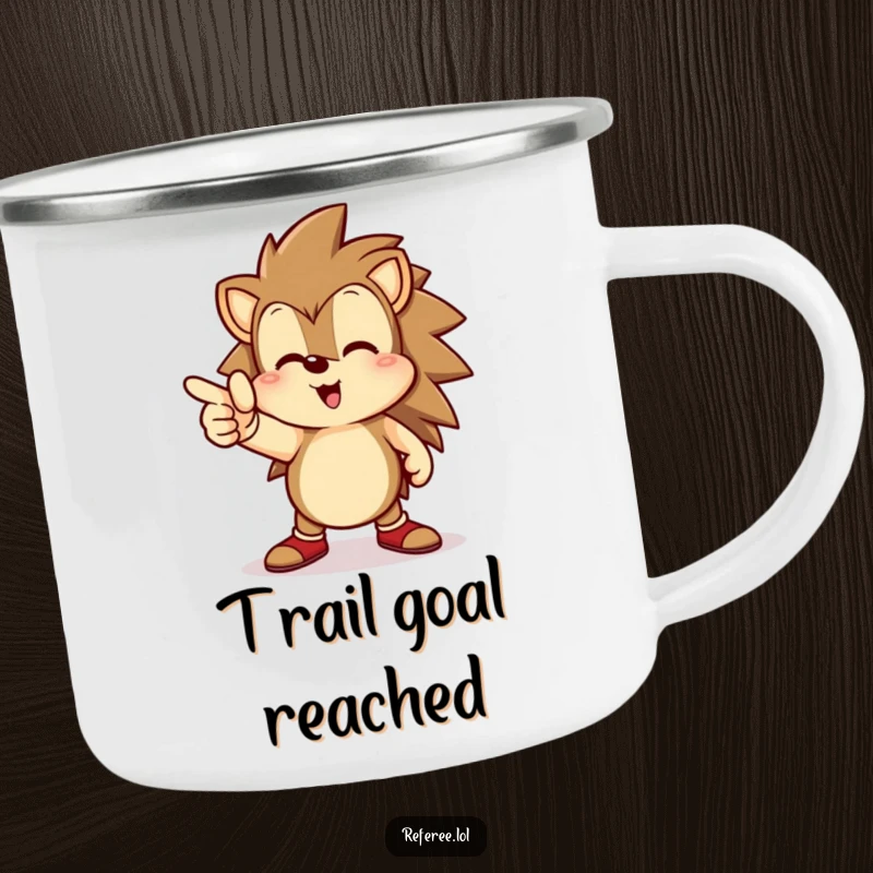 Funny hedgehog camping mug, confidently pointing towards a goal line, ideal for navigating adventures with a smile.