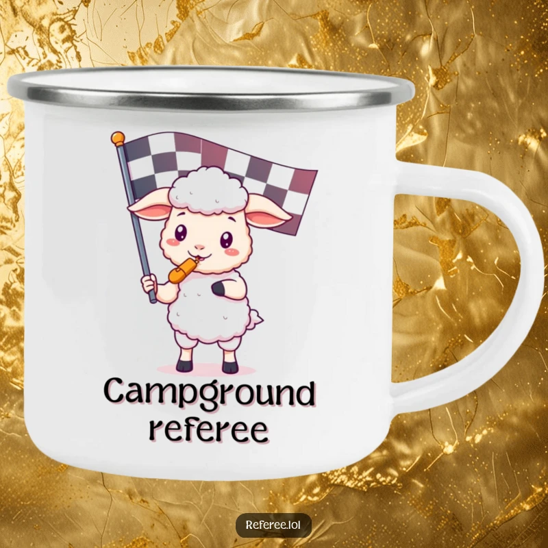 Funny camping mug featuring a kawaii sheep with a referee whistle and checkered flag, ready to add cute, humorous officiating to any outdoor adventure.