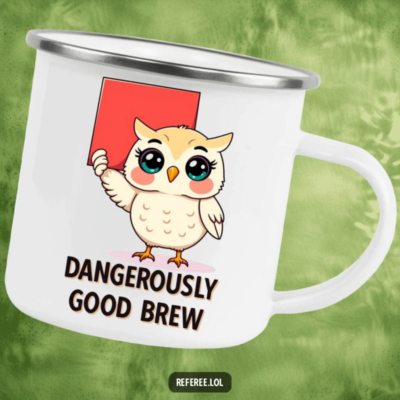 Funny surprised owl holding up a giant red card on a camping mug, for outdoor vigilance.