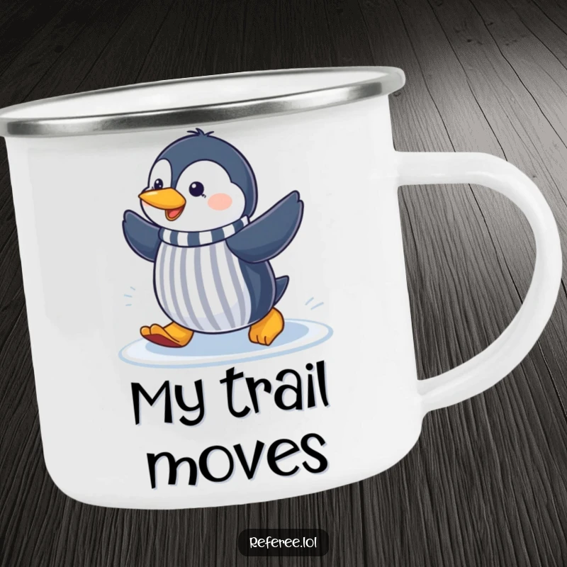 Funny cheerful penguin sliding on ice, signaling like a referee, on a sturdy camping mug for humorous outdoor enjoyment.