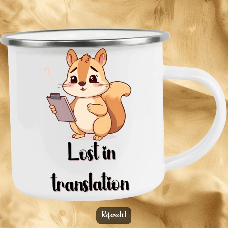 Funny squirrel with clipboard looking confused, on a rustic camping mug, great for outdoor funny gift.