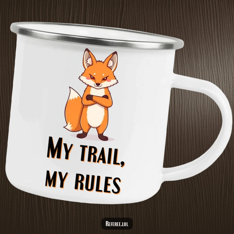 Funny proud fox standing tall, arms crossed, stern expression, on a sturdy camping mug, perfect for humorous outdoor enjoyment.