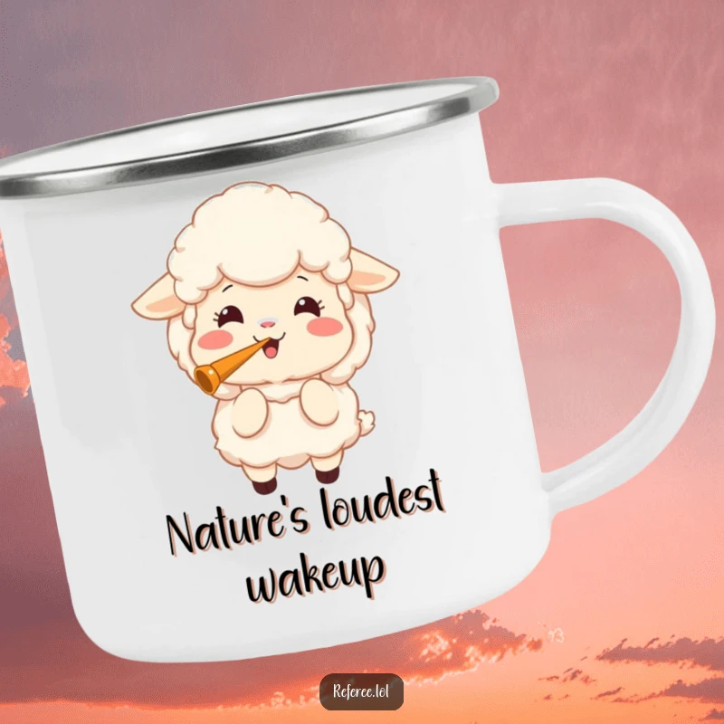 Funny camping mug with a joyful sheep blowing a loud whistle, ideal for outdoor fun and coffee.