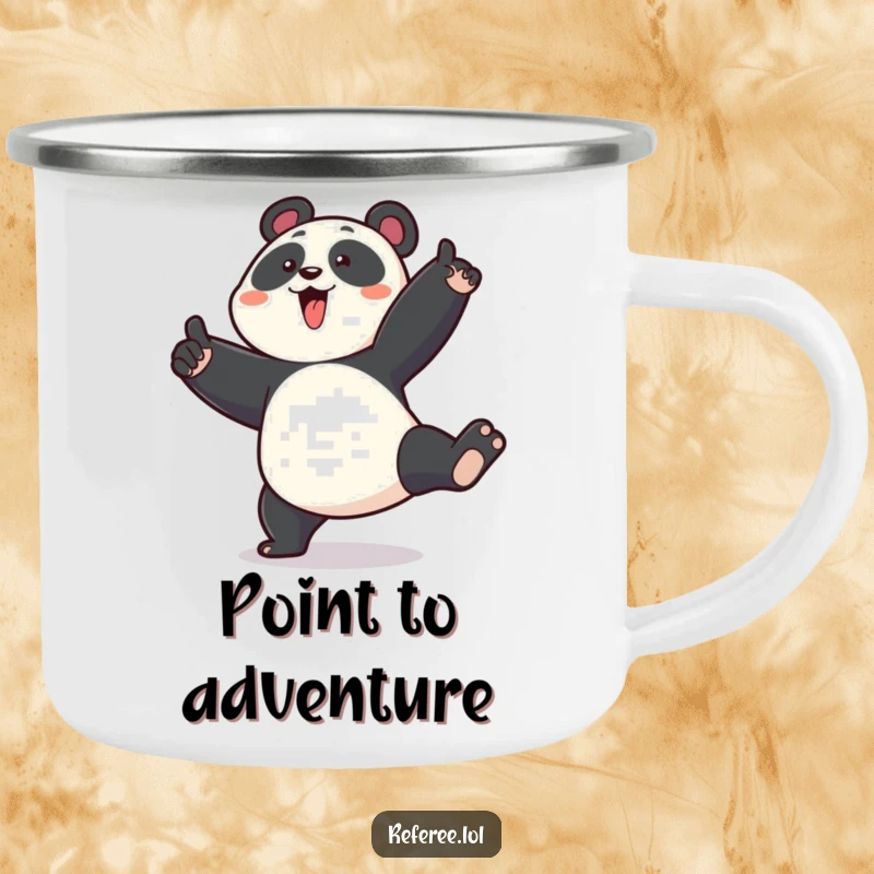 Funny camping mug with an enthusiastic panda stomping its foot and pointing emphatically, ideal for outdoor enthusiasts.