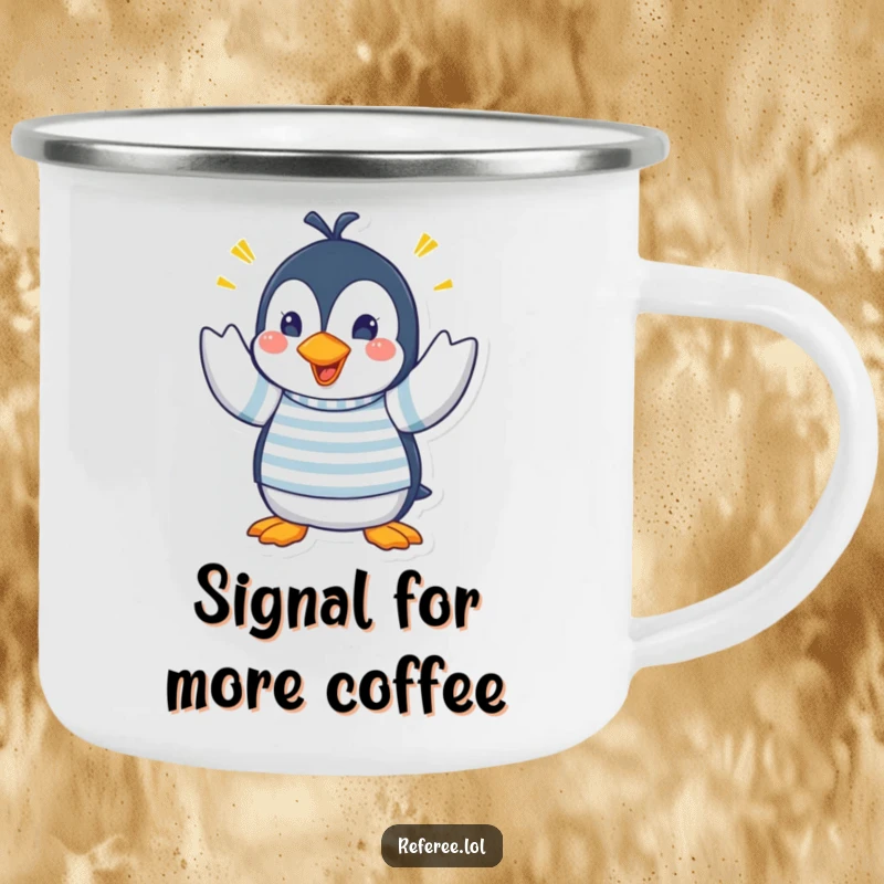 Funny camping mug featuring a penguin in a striped shirt making frantic hand signals, perfect for outdoor enthusiasts who appreciate humorous communication.