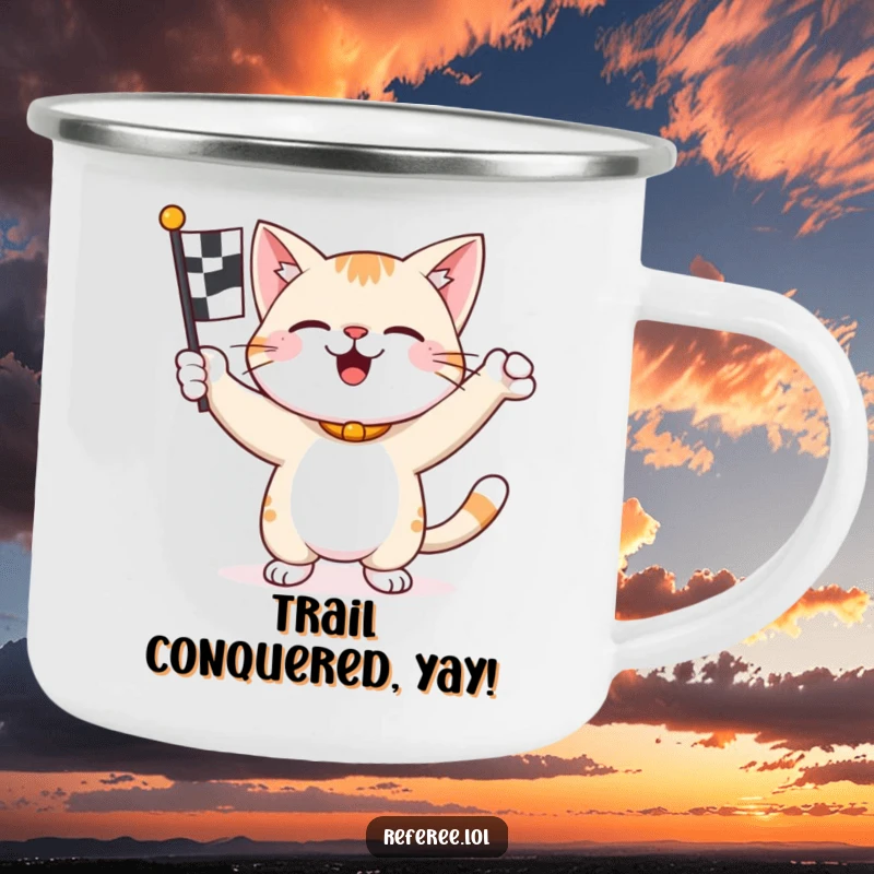 Funny happy cat enthusiastically waving a checkered flag on a camping mug, ready for outdoor excitement.