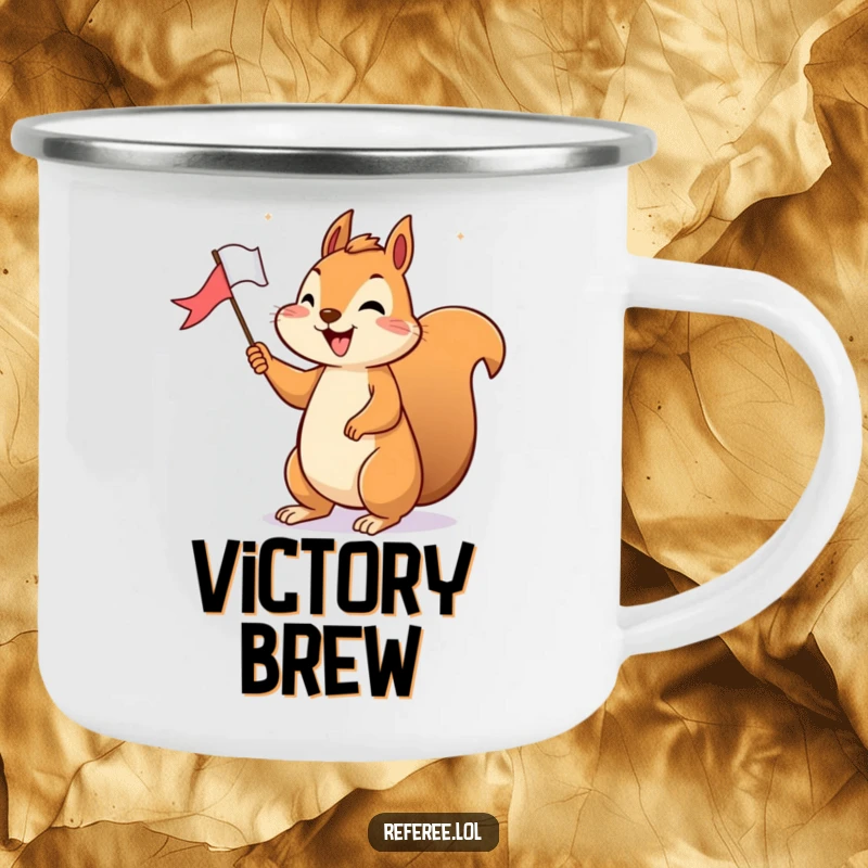 Funny Camping Mug: A cheerful squirrel holds a tiny flag, happily signaling victory, perfect for celebrating outdoors.