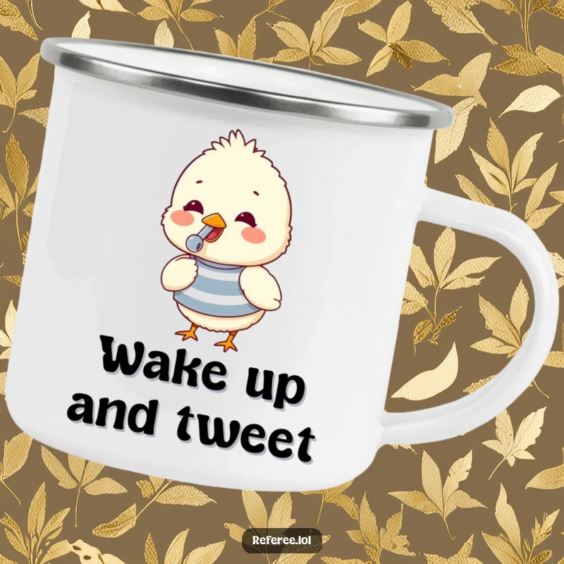 Funny camping mug with a fluffy chick in a striped shirt, happily blowing a whistle, perfect for cheerful outdoor use.