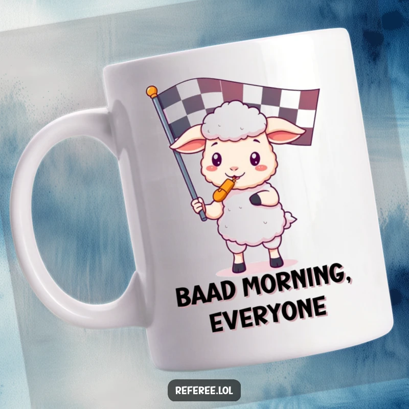 Funny mug featuring a cute kawaii sheep holding a referee whistle and a giant checkered flag, ready to officiate with adorable determination.