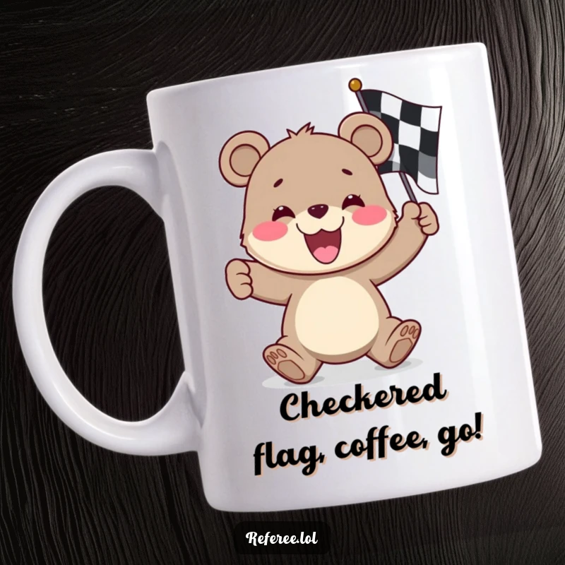 Funny bear cub mug, happily waving a checkered flag, ready to start the race with a big grin.